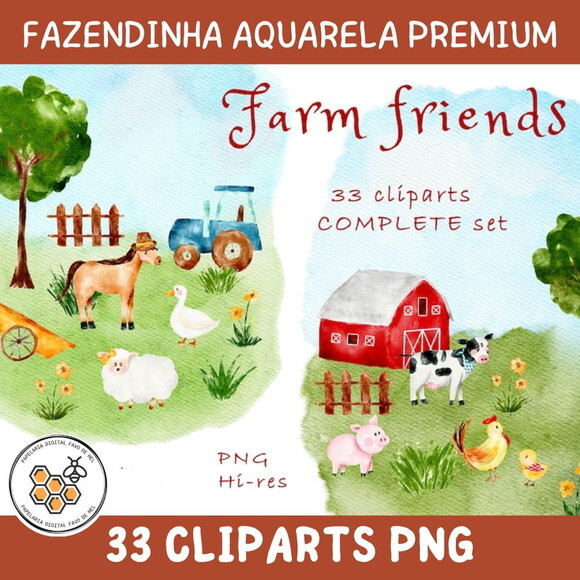 Kit Digital Fazendinha Aquarela Premium - Farm Friends