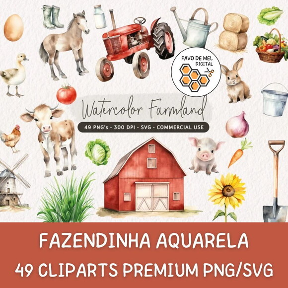 Kit Digital Fazendinha Aquarela Premium- Watercolor Farmland