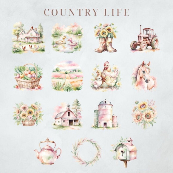 Kit Digital Fazendinha Rosa Aquarela Country Farm Life Msp