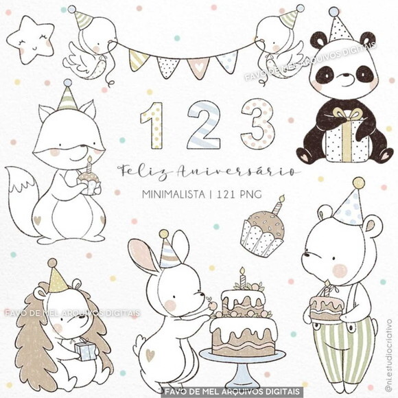 Kit Digital Feliz Aniversário Minimalista - Animais Png
