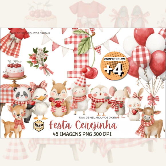 Kit Digital Festa Cerejinha Aquarela #2 (pague 1 Leve 5) Png