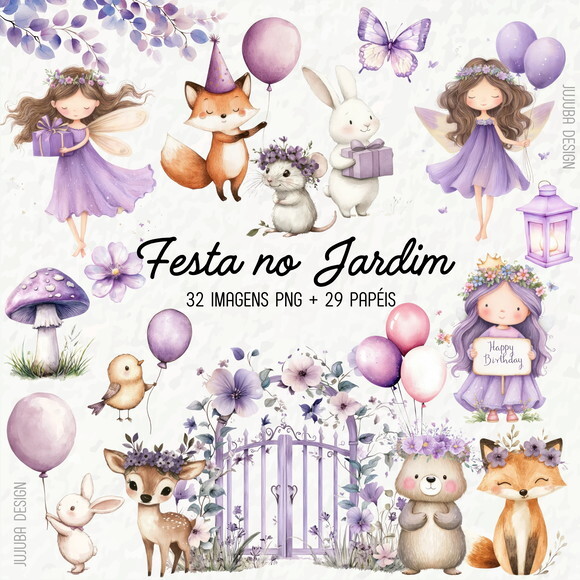 Kit Digital Festa no Jardim Lilás Png Jardim das Fadas