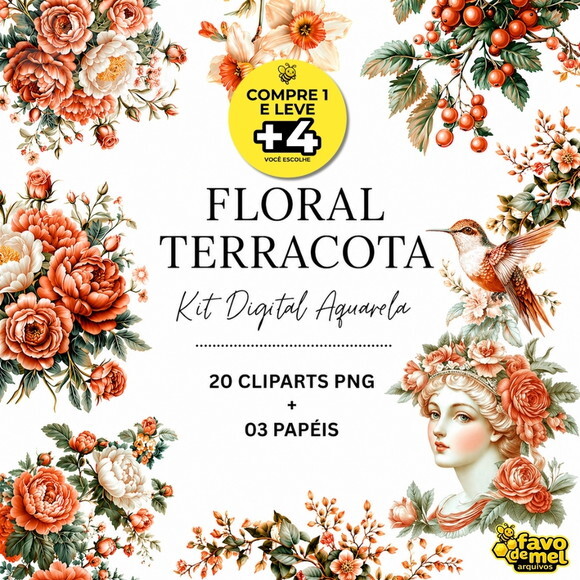 Kit Digital Floral Aquarela - Floral Terracota