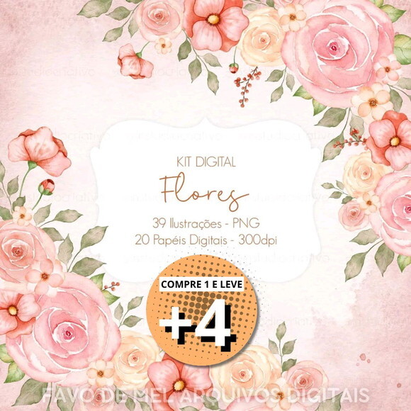 Kit Digital Floral Aquarela - Flores Png (compre 1 Leve +4)