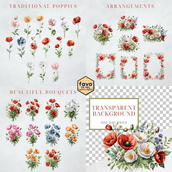 Kit Digital Floral Aquarela - Papoulas