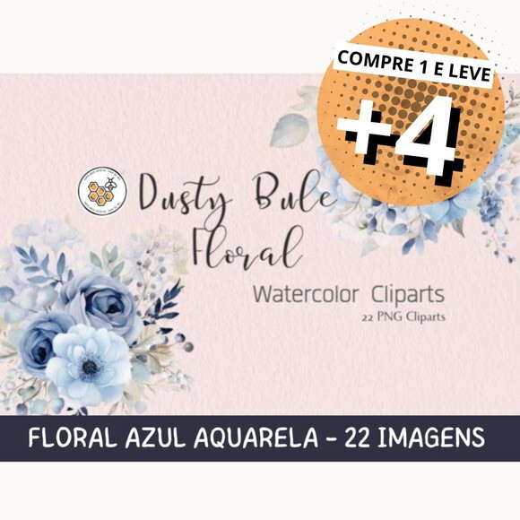 Kit Digital Floral Azul Aquarela - Dusty Blue