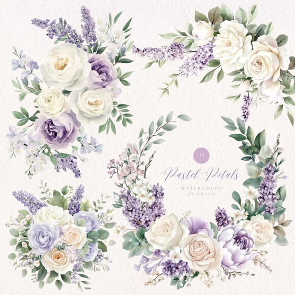 Kit Digital Floral Aquarela Lilás Lavanda Rosas Brancas Png