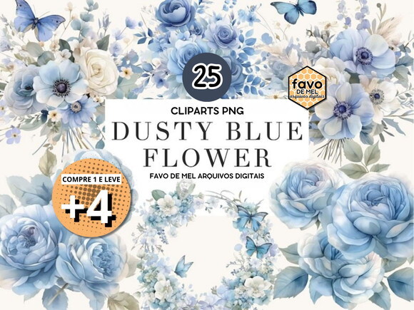 Kit Digital Floral Azul Aquarela - Dusty Blue Bd