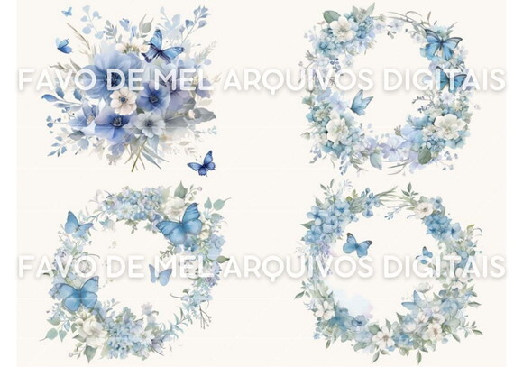Kit Digital Floral Azul Aquarela - Dusty Blue Bd