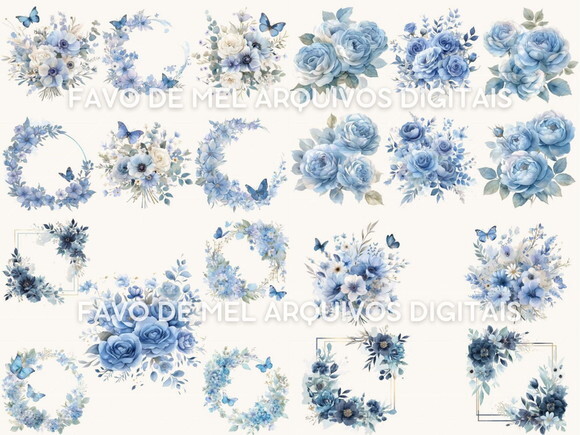Kit Digital Floral Azul Aquarela - Dusty Blue Bd