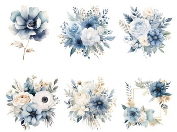 Kit Digital Floral Azul Aquarela - Dusty Blue Scotch