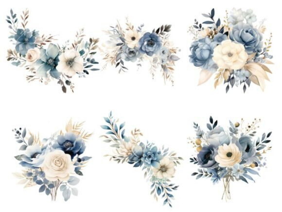 Kit Digital Floral Azul Aquarela - Dusty Blue Scotch