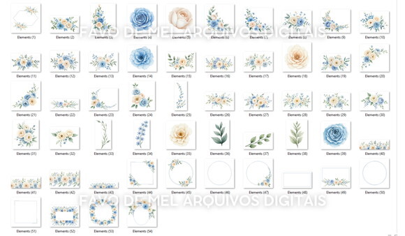 Kit Digital Floral Azul Aquarela #5 Png Brisa Floral