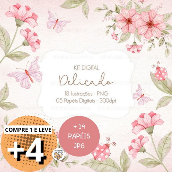 Kit Digital Floral Delicado Aquarela