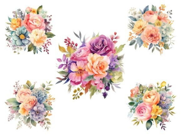 Kit Digital Floral Bouquet Aquarela (ds) Buquê de Flores