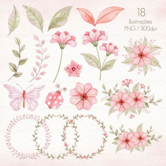 Kit Digital Floral Delicado Aquarela