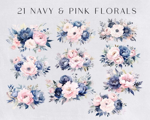 Kit Digital Floral Marinho e Rosa Aquarela - Navy Pink (hc)