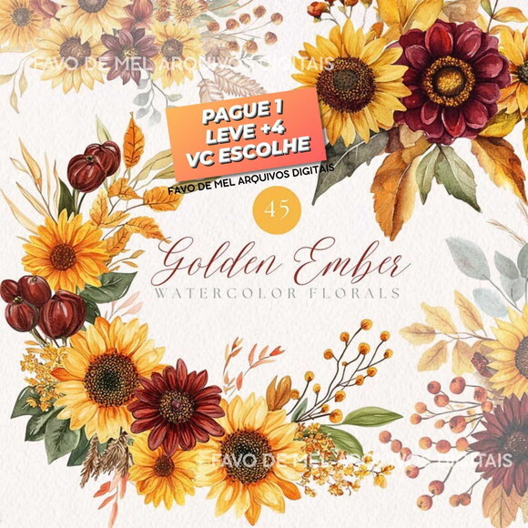 Kit Digital Floral Girassol Aquarela Arranjos Png