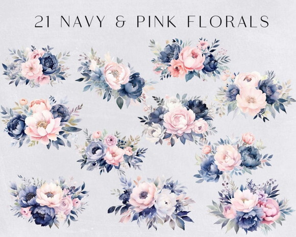 Kit Digital Floral Marinho e Rosa Aquarela - Navy Pink (hc)