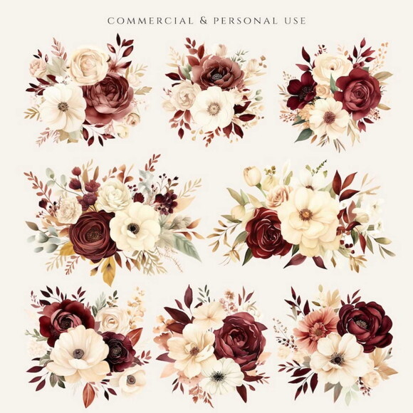 Kit Digital Floral Marsala Aquarela Png Arranjos Rosas Png