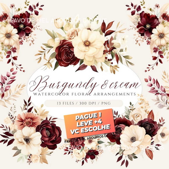 Kit Digital Floral Marsala Aquarela Png Arranjos Rosas Png