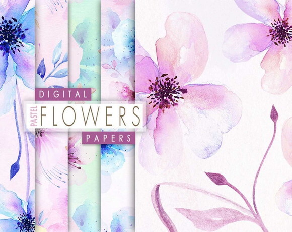 Kit Digital Floral Pastel Aquarela Png com Papéis