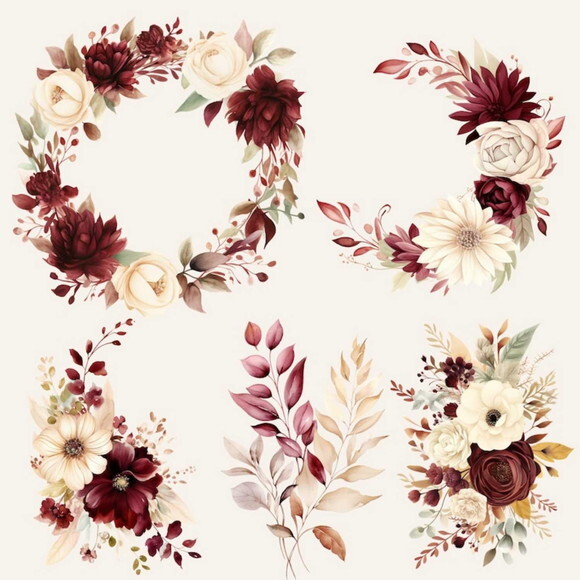Kit Digital Floral Marsala Aquarela Png Arranjos Rosas Png