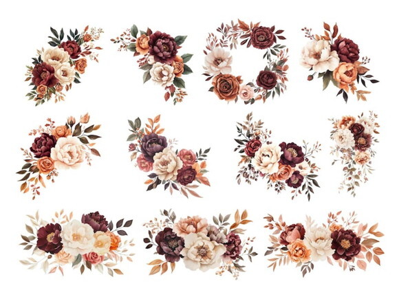 Kit Digital Floral Rústico Marsala Boho Aquarela