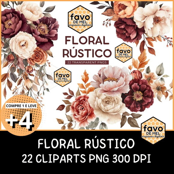 Kit Digital Floral Rústico Marsala Boho Aquarela