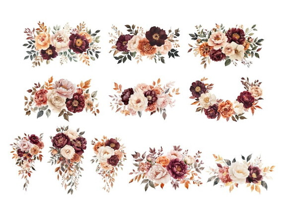 Kit Digital Floral Rústico Marsala Boho Aquarela
