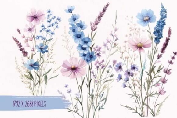 Kit Digital Flores do Campo Aquarela #16 Floral Azul