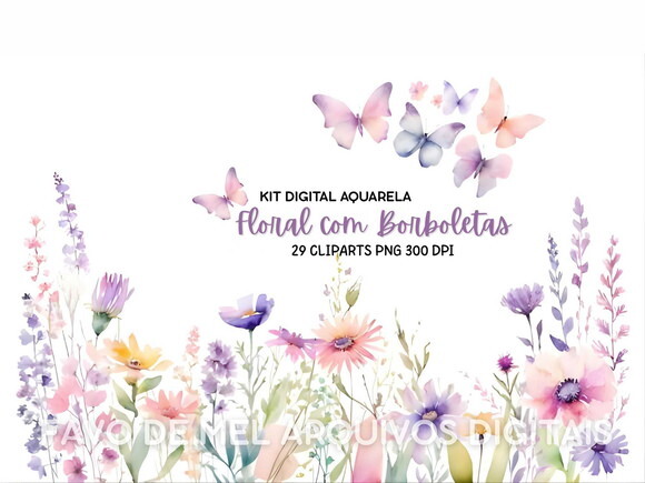Kit Digital Flores do Campo com Borboletas Aquarela Png #08