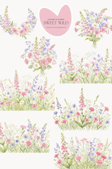 Kit Digital Flores do Campo Rosa com Alfabeto Png Aquarela
