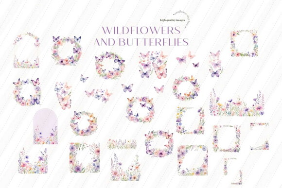 Kit Digital Flores do Campo com Borboletas Aquarela Png #08