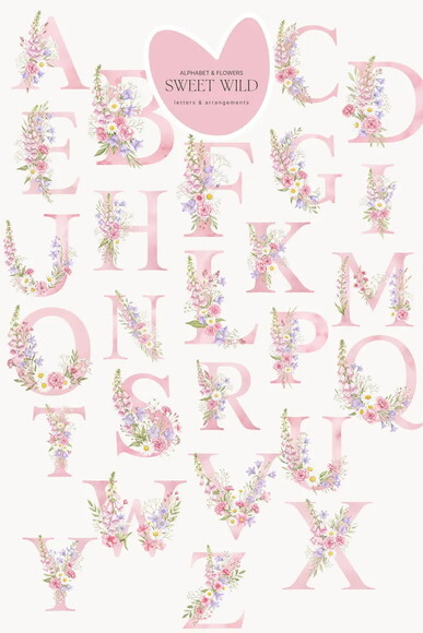 Kit Digital Flores do Campo Rosa com Alfabeto Png Aquarela