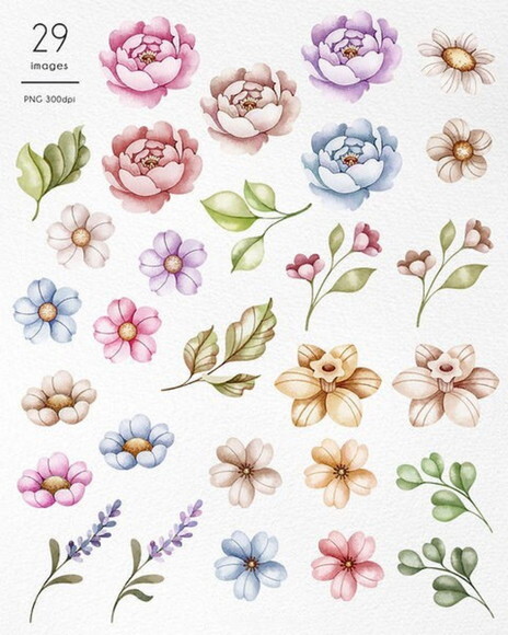 Kit Digital Flores e Folhas Aquarela - Flowers And Leaves