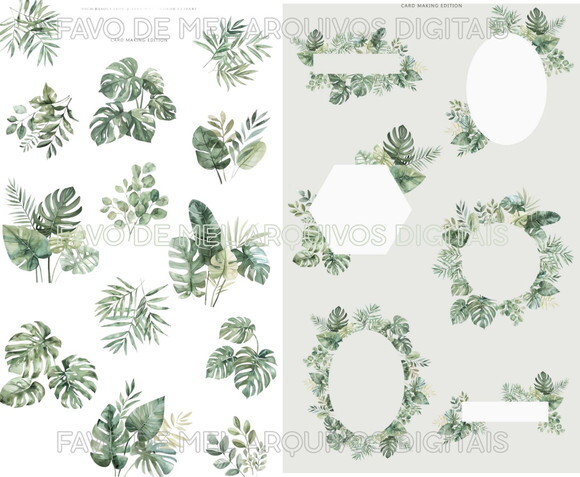 Kit Digital Folhagem Verde Aquarela Premium (greenery)
