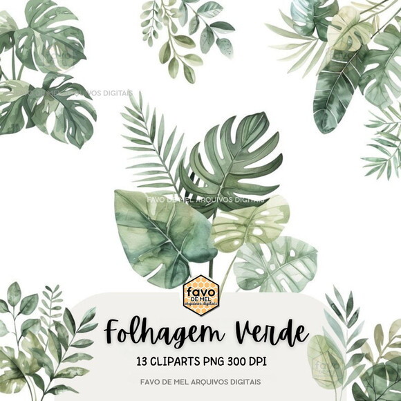 Kit Digital Folhagem Verde Aquarela Premium (greenery)