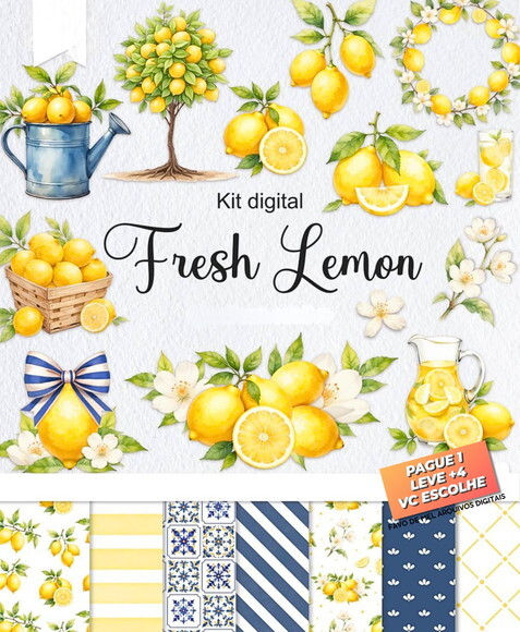 Kit Digital Fresh Lemon Limão e Azulejos Png (pague 1 Leve 5