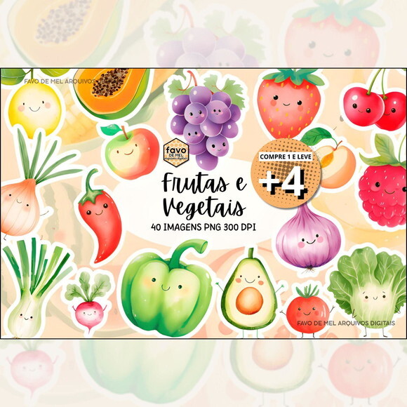 Kit Digital Frutas e Vegetais Aquarela Png (pague 1 Leve +4)