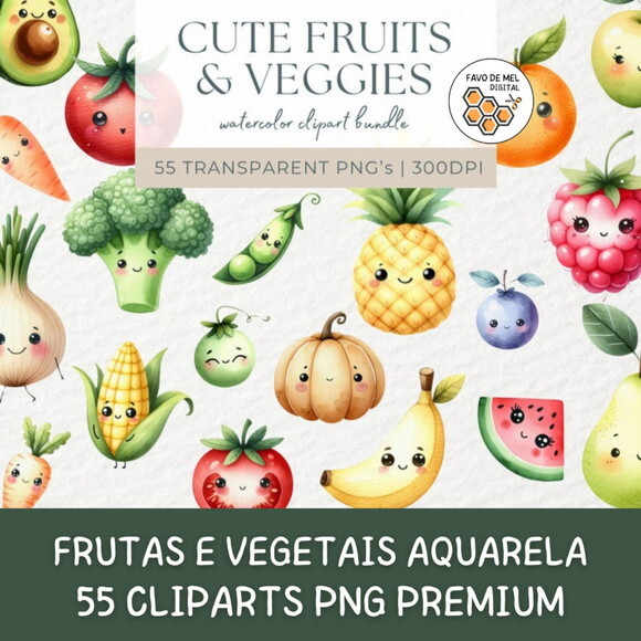Kit Digital Frutas e Vegetais Cute Aquarela Premium (sd)