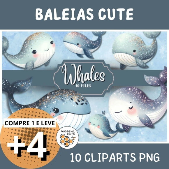 Kit Digital Fundo do Mar #11 Baleias Cute - Whales