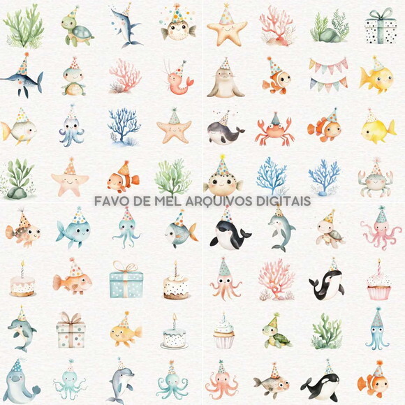 Kit Digital Fundo do Mar #37 Aniversário Aquarela Png