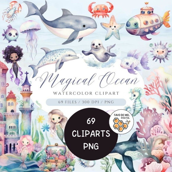 Kit Digital Fundo do Mar 12 - Magical Ocean Aquarela