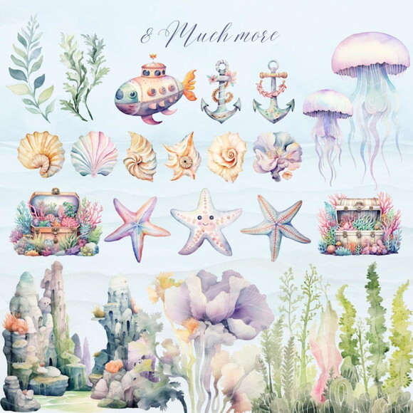 Kit Digital Fundo do Mar 12 - Magical Ocean Aquarela