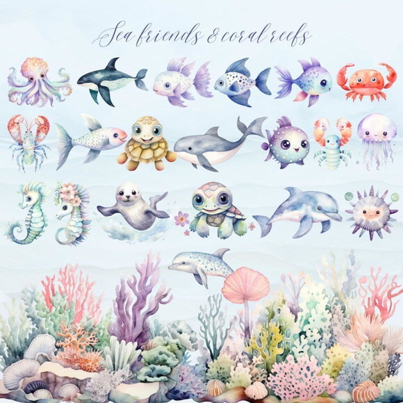 Kit Digital Fundo do Mar 12 - Magical Ocean Aquarela