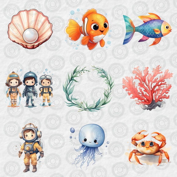 Kit Digital Fundo do Mar 15 Aquarela - Cute Undersea (cc)