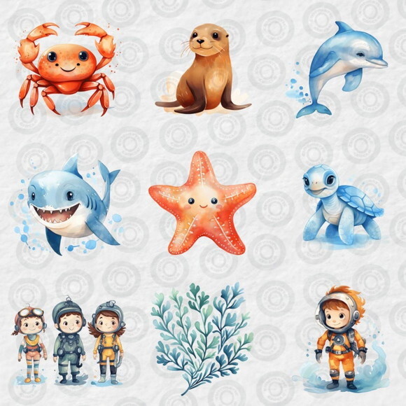 Kit Digital Fundo do Mar 15 Aquarela - Cute Undersea (cc)