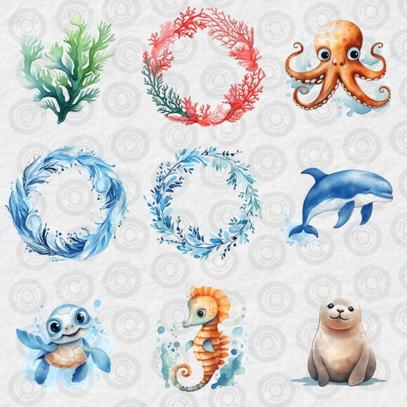 Kit Digital Fundo do Mar 15 Aquarela - Cute Undersea (cc)