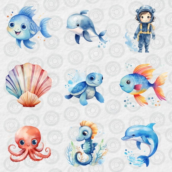 Kit Digital Fundo do Mar 15 Aquarela - Cute Undersea (cc)